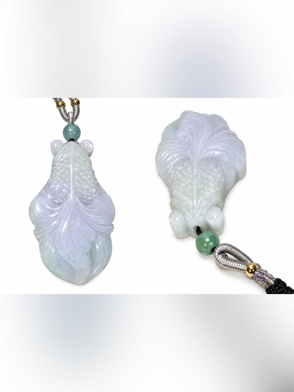 Jadeite Carved Fish Pendant Necklace in Pale Lavender-Green